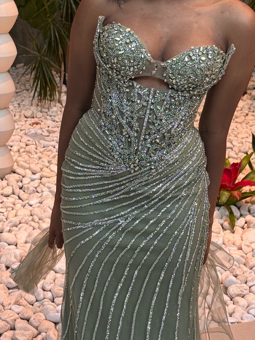Sage and silver Embellished Evening Gown Dress